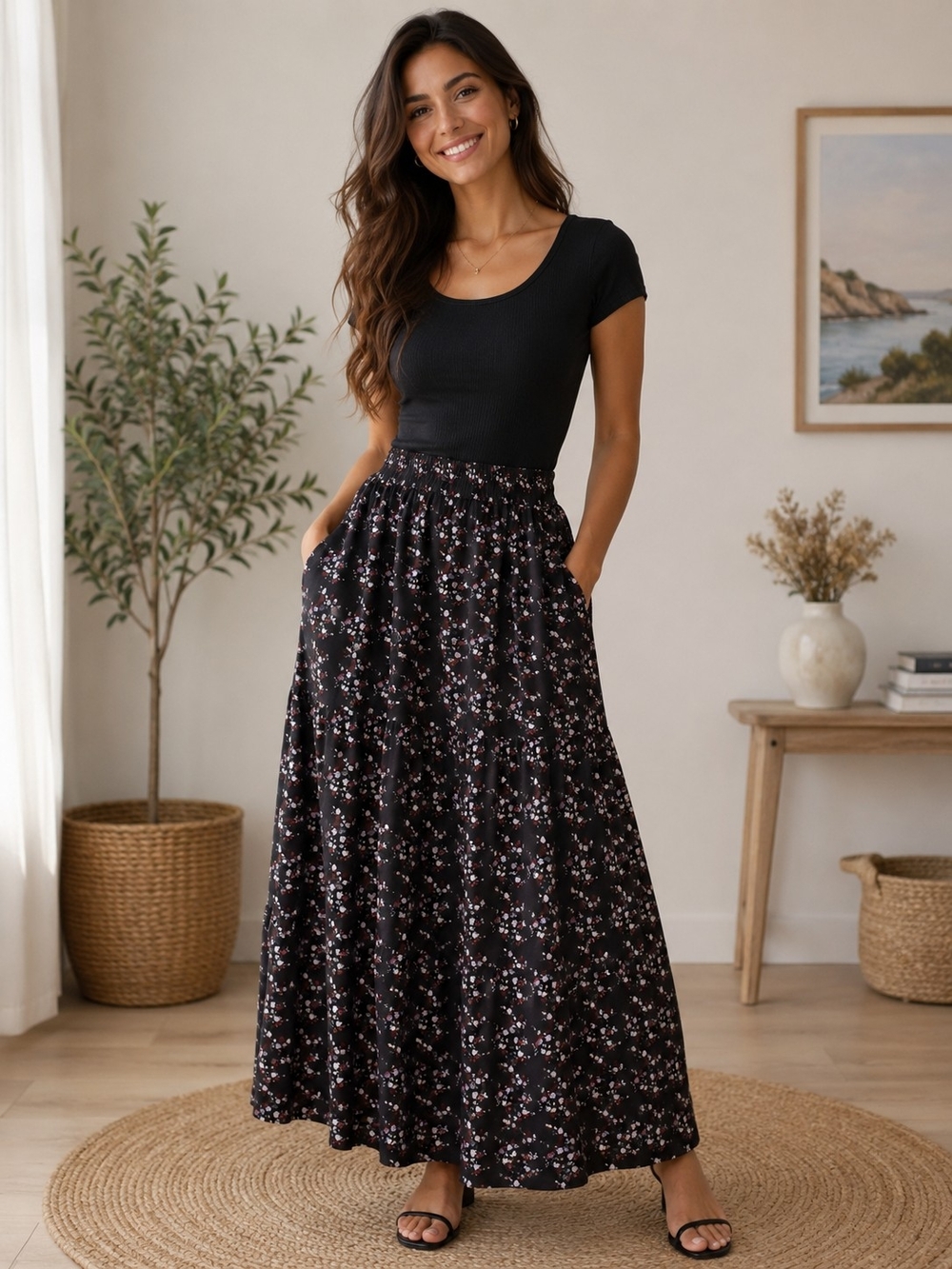 Universal Thread Black Floral Maxi Skirt Boho Prairie Cottagecore Coastal